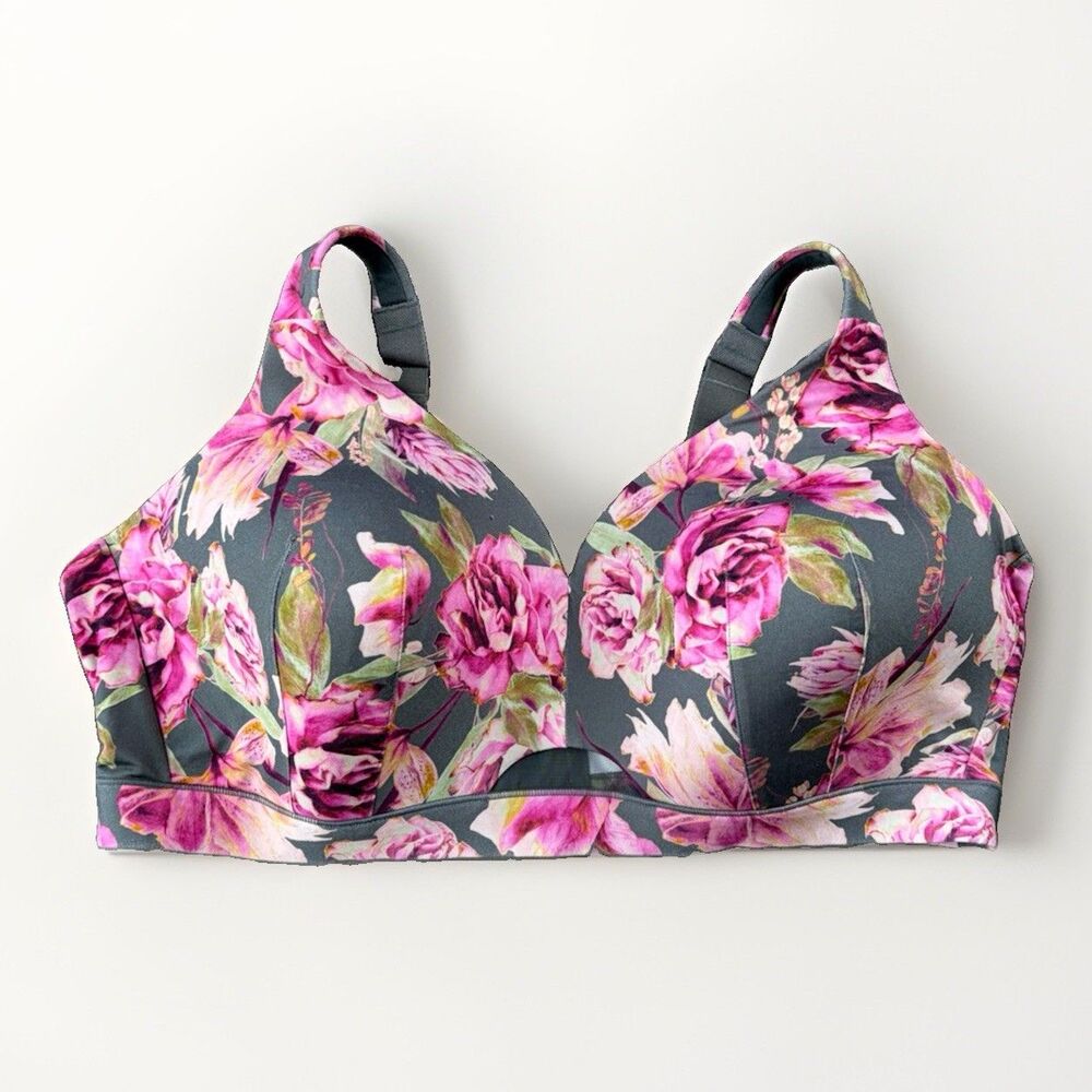 Cacique Bra 44DD Full Coverage Lightly Lined Wireless No Wire Gray Pink Floral
